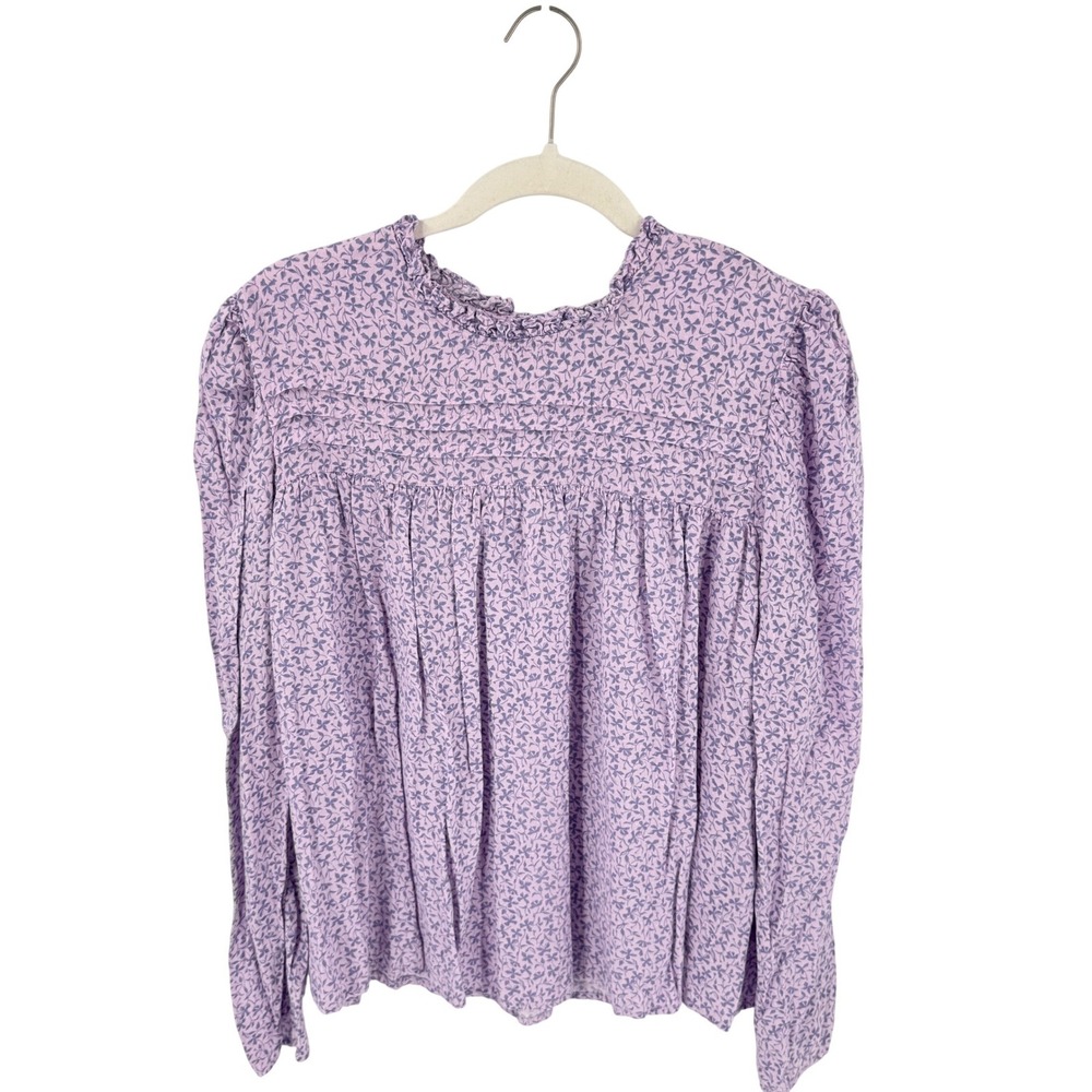 A New Day Purple Ditsy Floral Large Ruffle Neck Pintuck Cottagecore Top Feminine